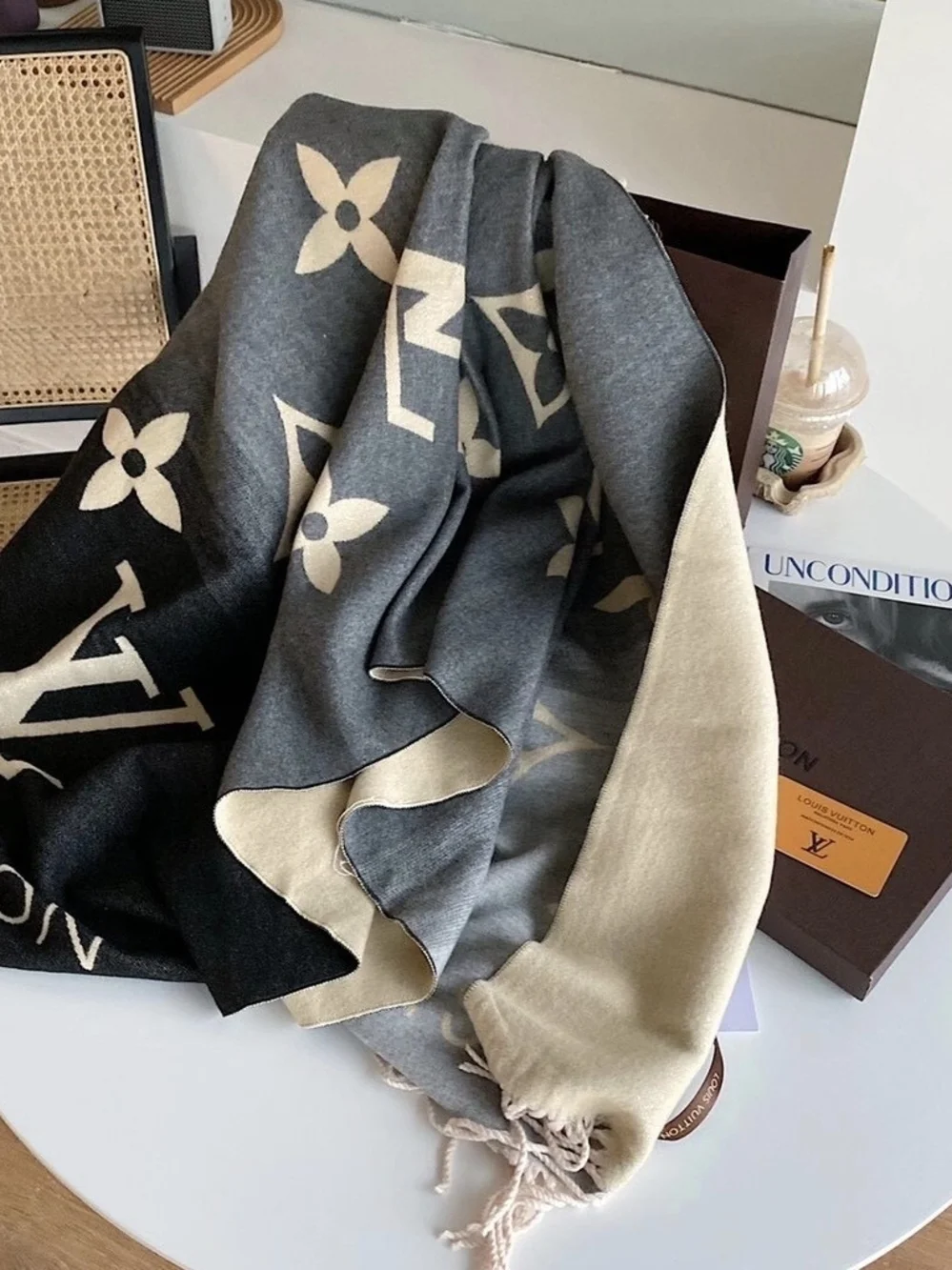 Gray & Black Monogram Wool-Blend Scarf